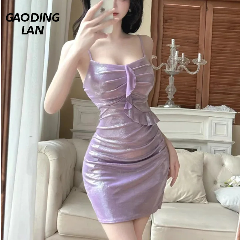 

GAODINGLAN Camgirl Temperament Low-cut Camisole Dress Women Slim Waist Mini Dresses Summer Tassel Fold Sparkling Hip Wrap Dress