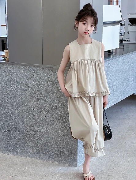 Girls Set 2025 Summer New Childrens Clothes Korean Style Baby Girl Sweet Sleeveless Lace Top Straight Leg Pants Two-piece