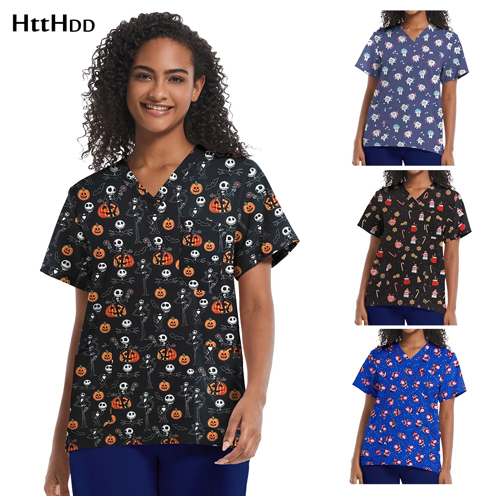 

Surgical Uniforms Woman Pediatrics Nursing Accessories Doctor Nurse Uniforms V-neck Printed Short Sleeved Shirt Veterinary Scrub