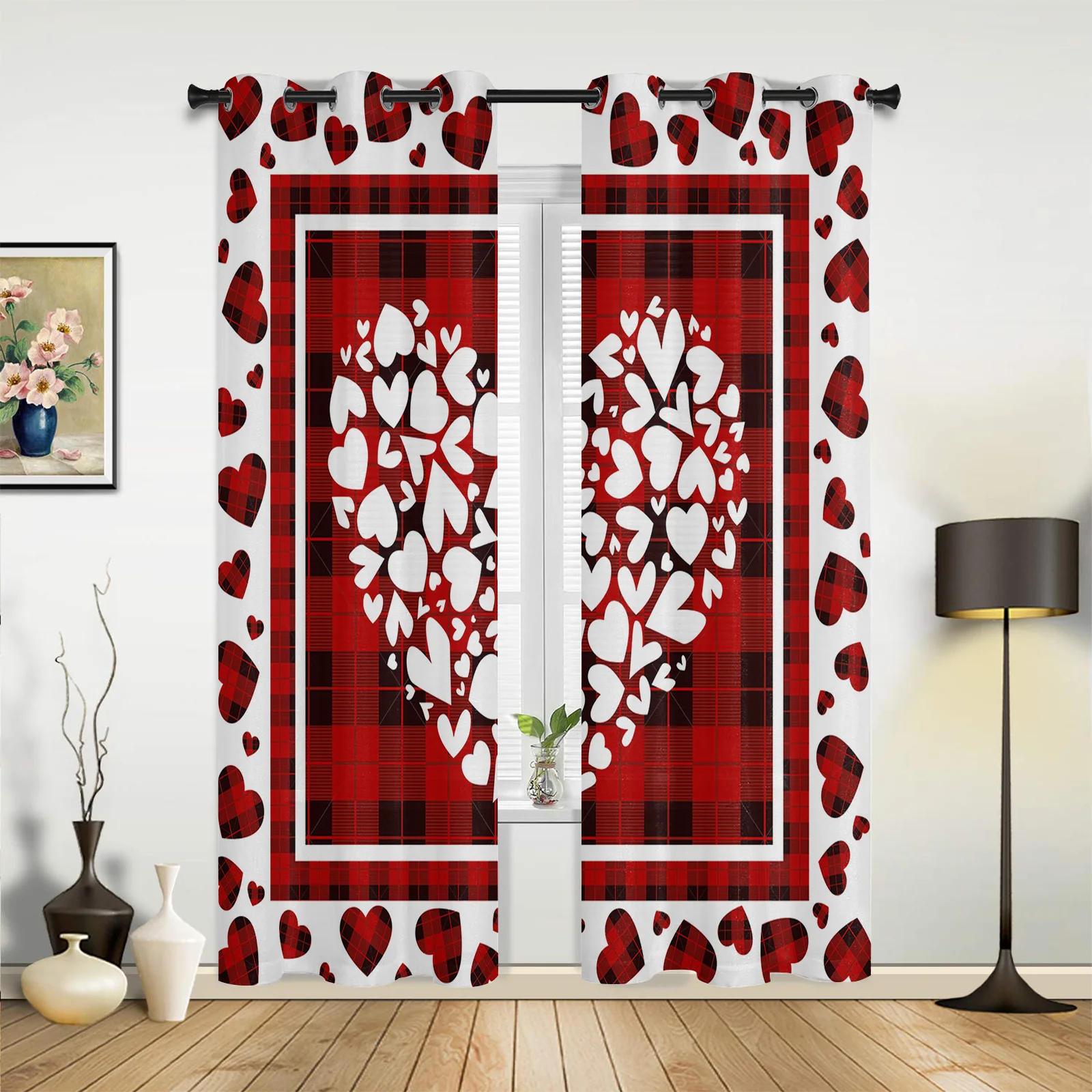 Valentine'S Day Hearts Texture Plaid Modern Window Curtains for Living Room Luxury Bedroom Blinds Drapes Kitchen Curtains