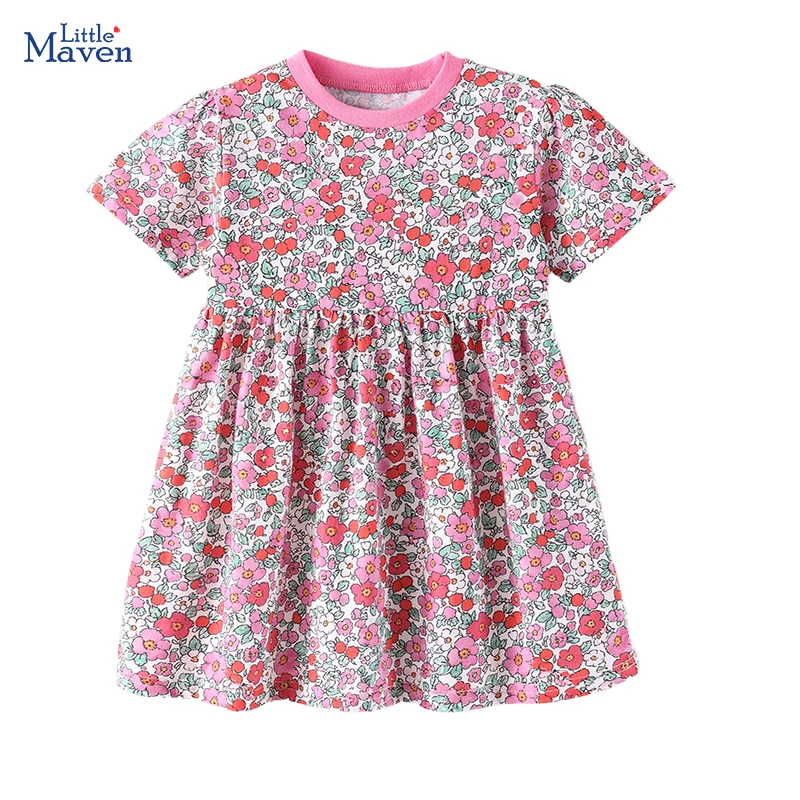 

Little maven Children's Clothing Summer 2026 Girls Cartoon Flowers Princess Dress Cotton Vestidos Kids Clothes for 2-8 Years