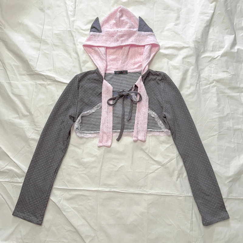 2025 herbst Neue Y2k Süße Nette frauen Kleidung Original Retro Design 2D Mit Kapuze Polka Dot Spitze Spleißen Kurze Jacken damen