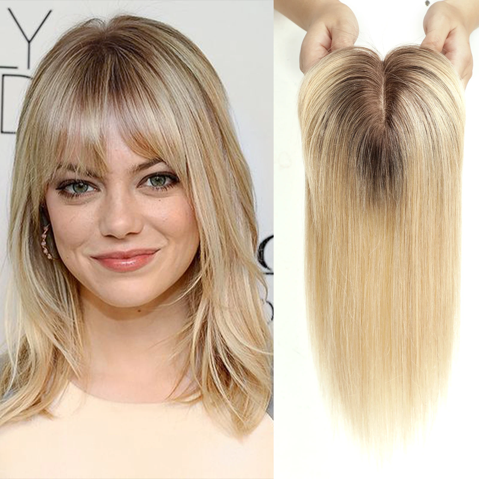 14 inch bruin ombre rechte zijden basis menselijk haar topper met pony 100% remy haarstukje voor vrouwen dunne top clip-in extensions