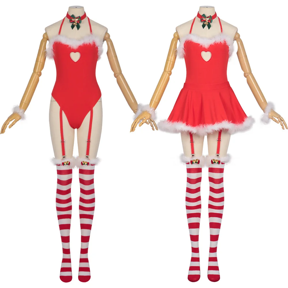 Christmas Santa Claus Red Jumpsuit Unifrom Women Sexy Bunny Girl Rabbit Ears Bodysuit Cosplay Costumes Halloween  Wear Clothing