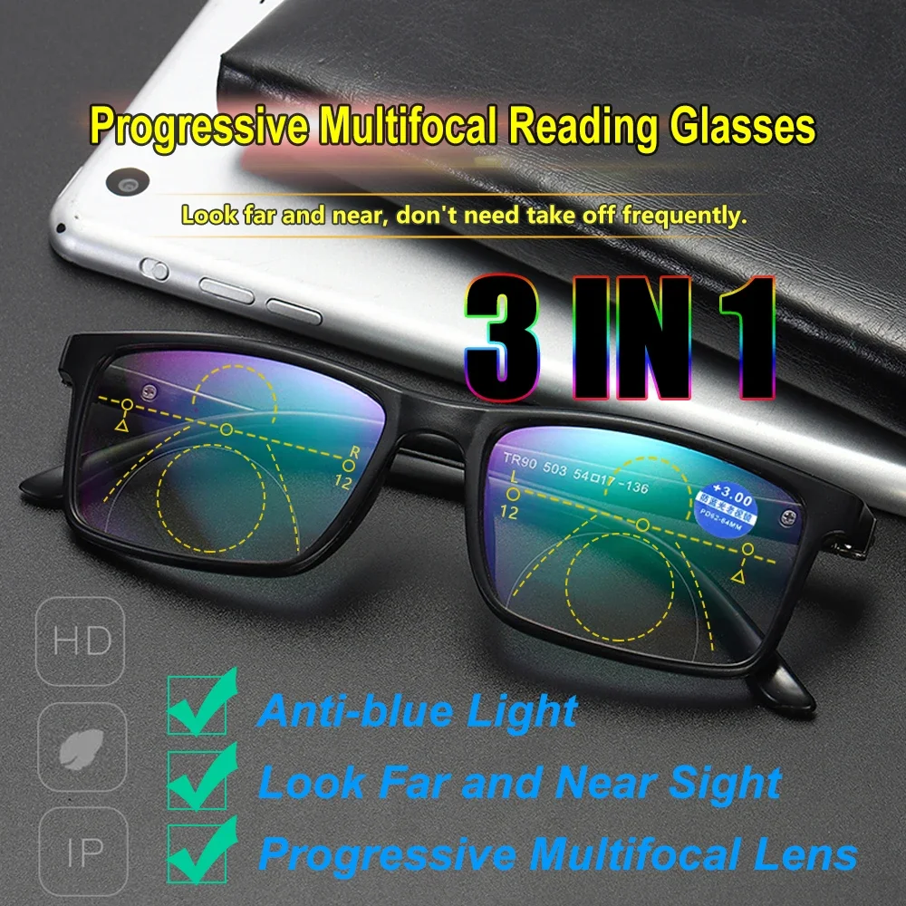 Progressive Bifocals Reading Glasses Anti Blue Light Presbyopia Eyeglasses Near Far Sight Spectacles Hyperopia Diopter +1.0-4.0