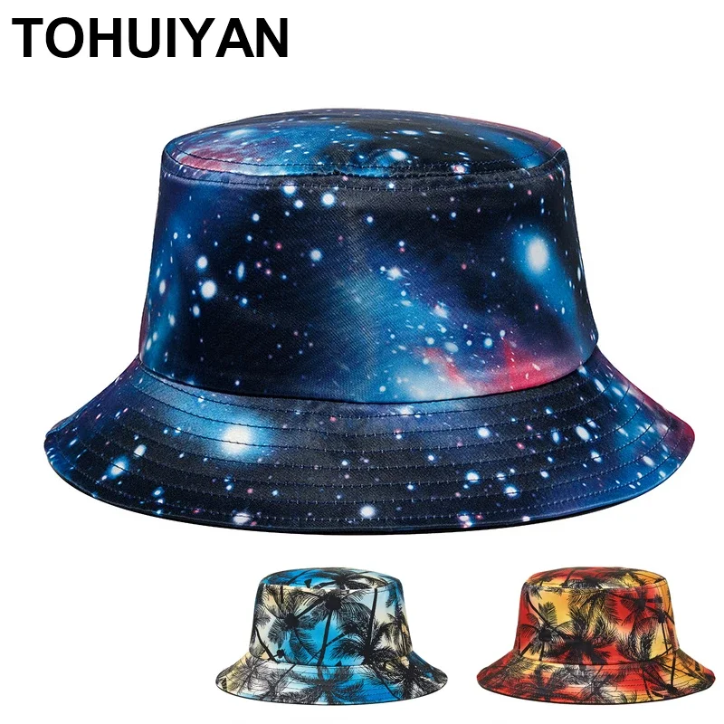 

2024 Unisex Print Bucket Hat Summer Foldable Bob Cap Outdoor Sun Protection Beach Hats Women Streetwear Fisherman Cap for Men