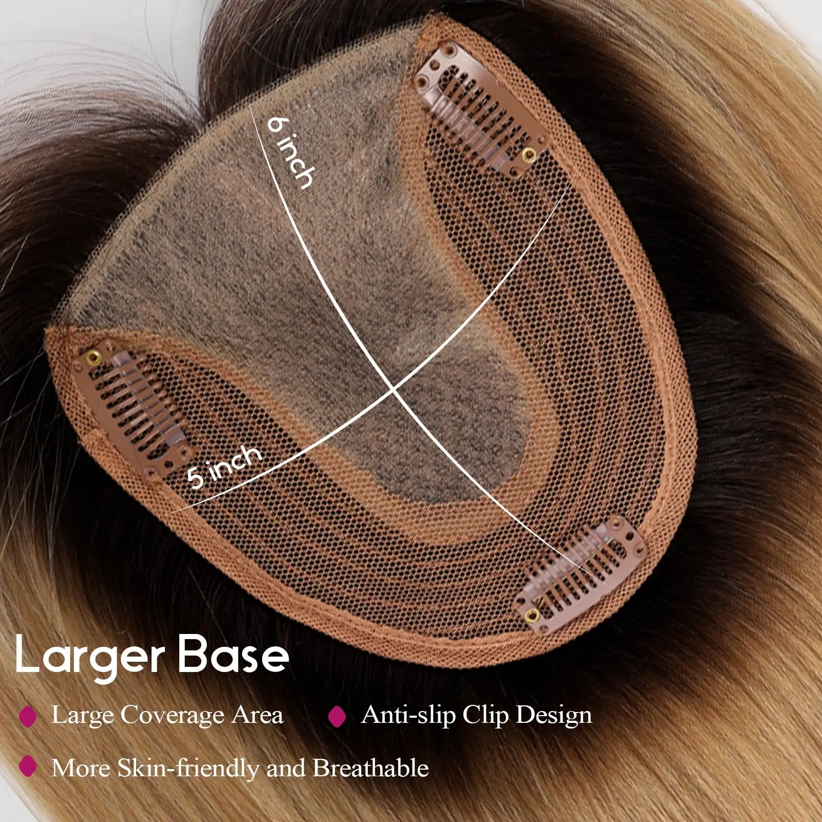 Ombre Brown Blonde Human Hair Toppers with Bangs 5x5.5inch Silk Base 100% Remy Natural Topper Hair for Women with Thinning Hair