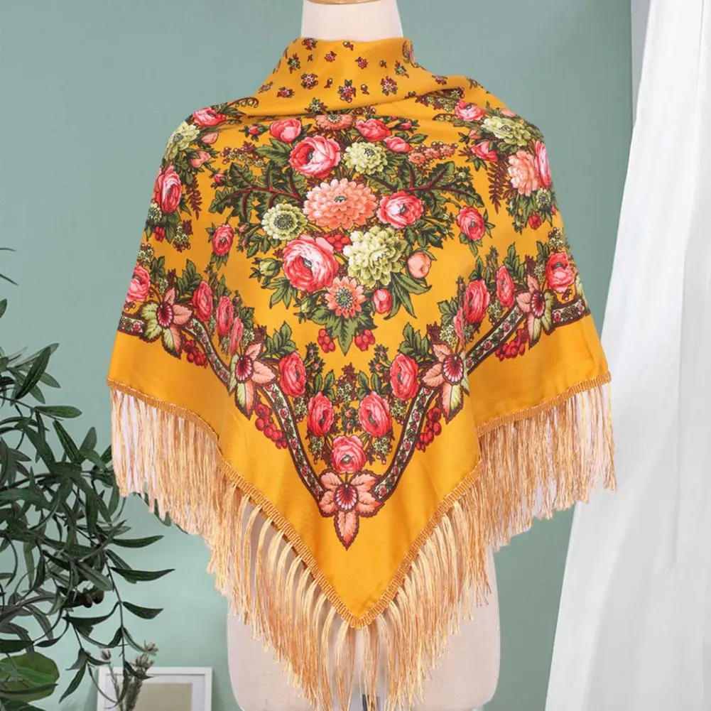 Fall Winter Women Fringed Shawl Ethic Style Floral Print Lady Neck Wrap Elegant Middle-Aged Elderly Square Neck Wrap