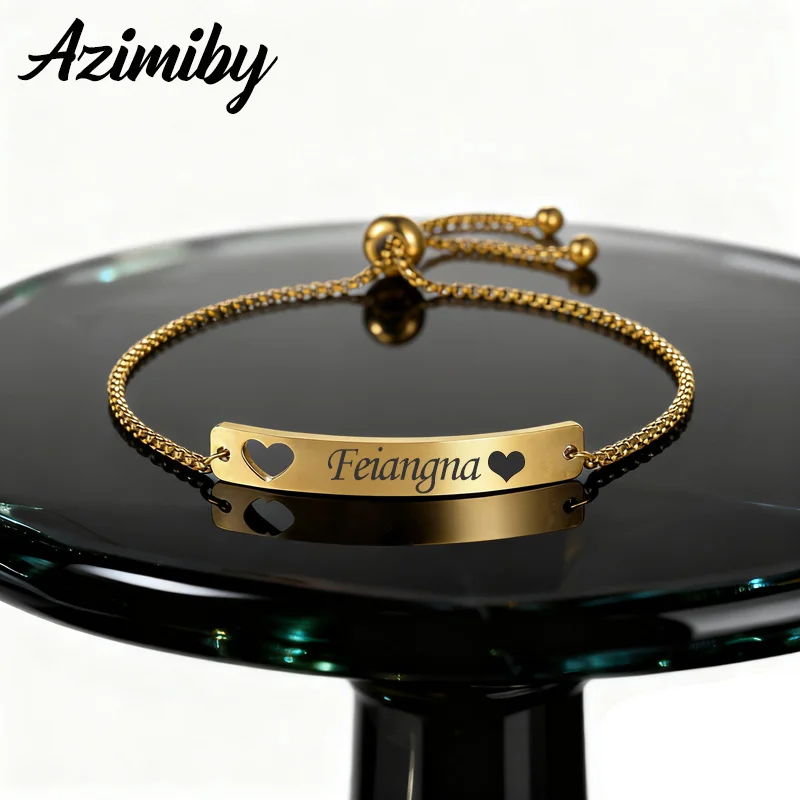 Azimiby Engrave Name Hollow Heart Long Bar Bracelet Stainless Steel Adjustable Chain Rectangular Bracelets For Lovers Gifts