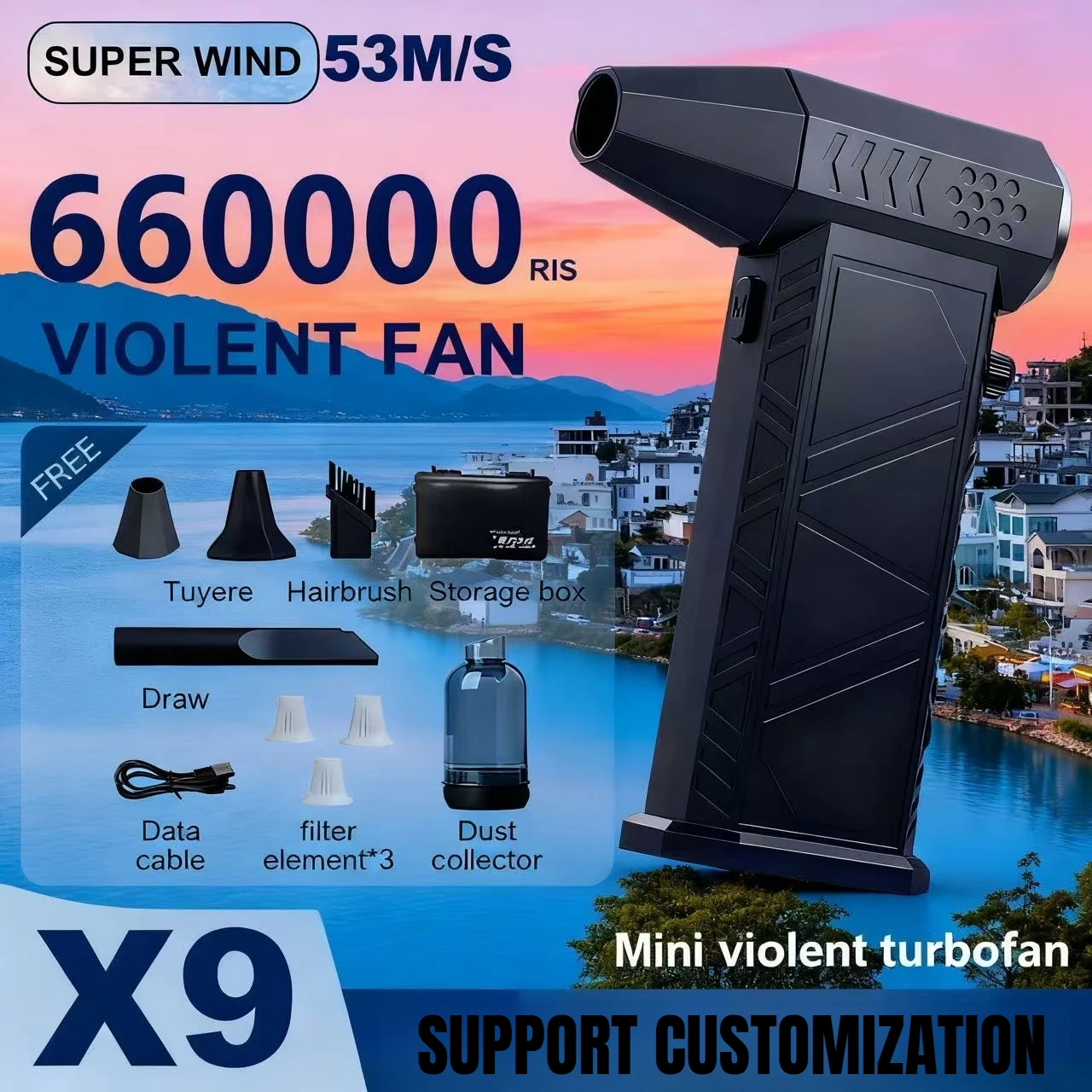 

Violent Fan 660000 об/мин Мощный воздуходувка Вакуумный пылесос Тип-C Зарядка Сильный ветер 53 м/с Бесщеточный турбоструйный вентилятор ﻿