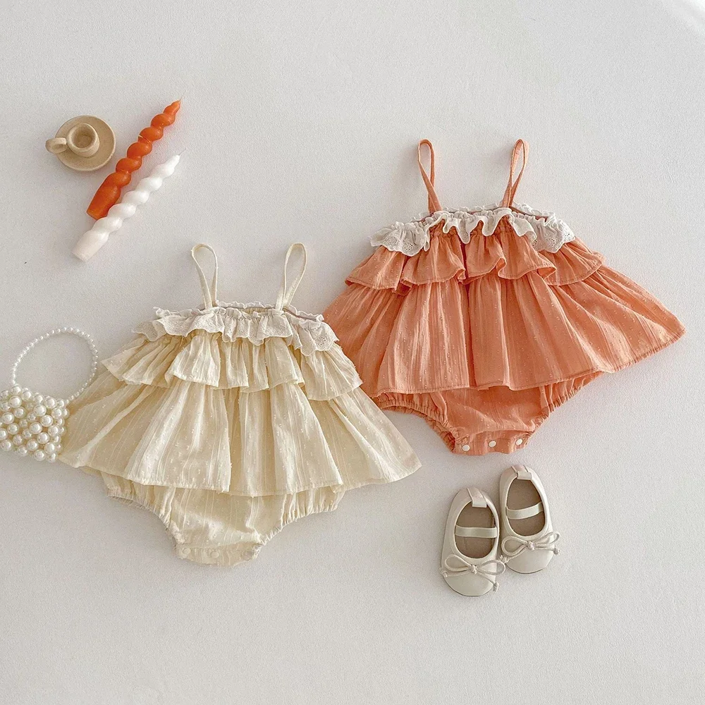 

2025 Summer Baby Girls Clothing 0-2Y Cute Suspenders Lace Layered Bodysuit Toddler Camisole One Piece Baby Skirt
