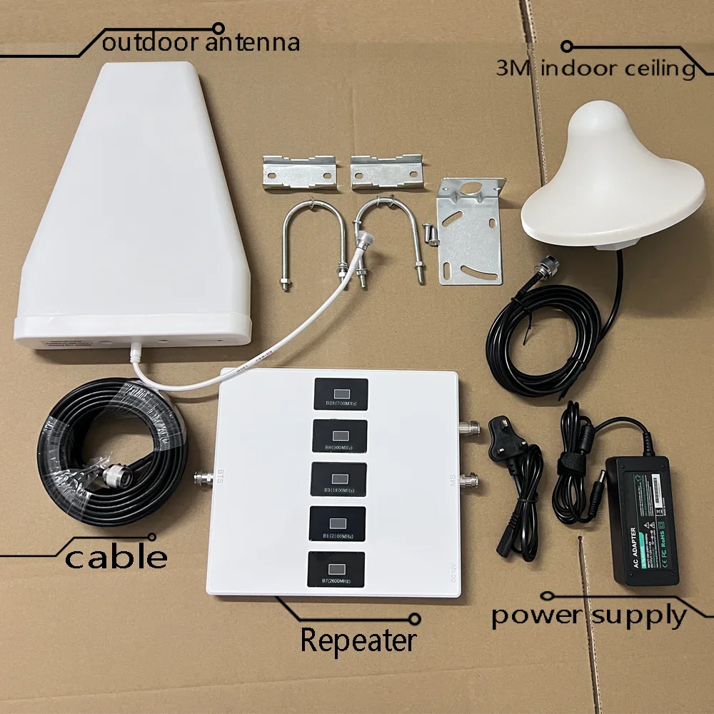 Factory Five Band B28 B8 B3 B1 B7 Cell Phone Signal Repeater 700/900/1800/2100/2600 MHZ Mobile Phone Signal Booster Amplifier