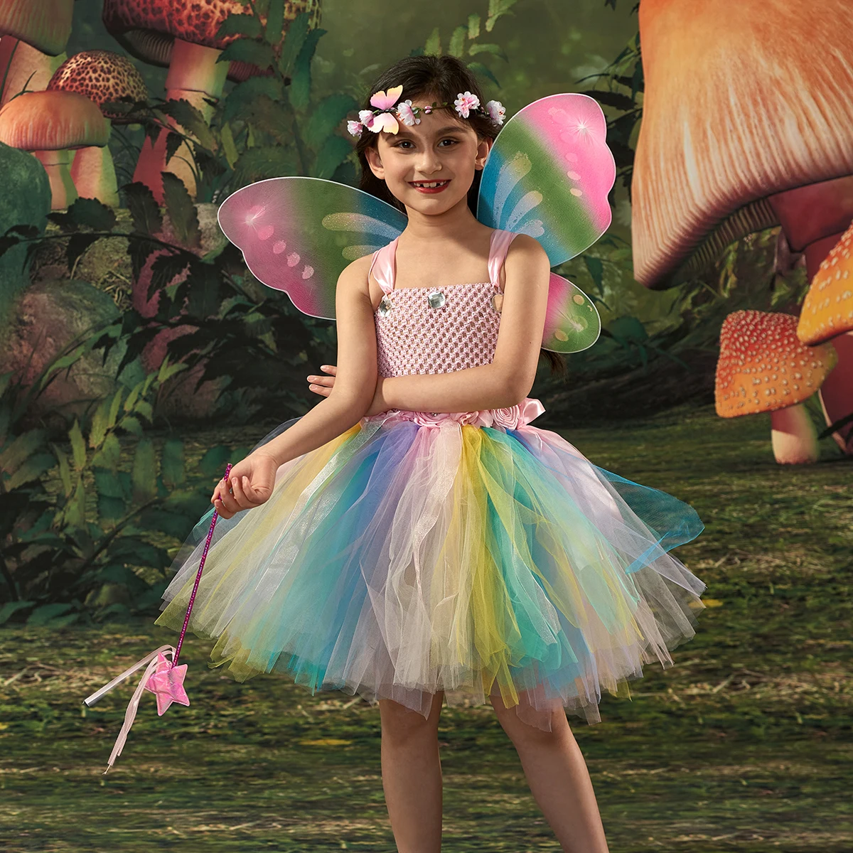 Girls Pastel Flower Fairy Tutu Dress with Wing Wand Children Birthday Halloween Party Costumes Butterfly Fairy Fancy Dresses