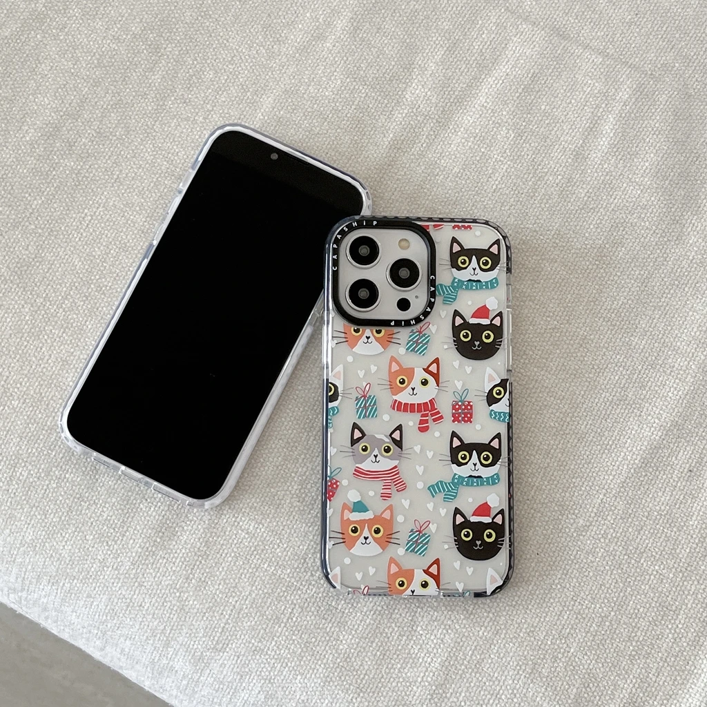 IPhone用フルスクリーン保護ケース,冬の猫,ペンギン,かわいい,16, 15, 14, 13, 12, 11 pro max,7,8 plus,mini,xs xr,x