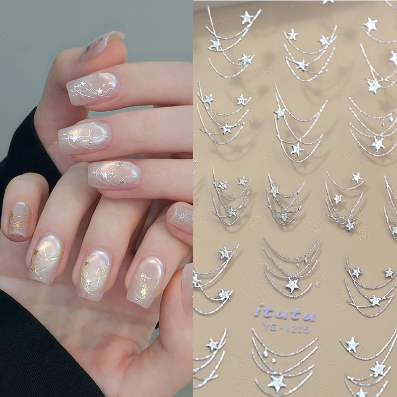 5 Stück 10x8 CM Gold Silber Sternverzierte Nagelaufkleber Unregelmäßige Französische Spitzen Minimalistische Linien Sternenhimmel Nageldekorationen