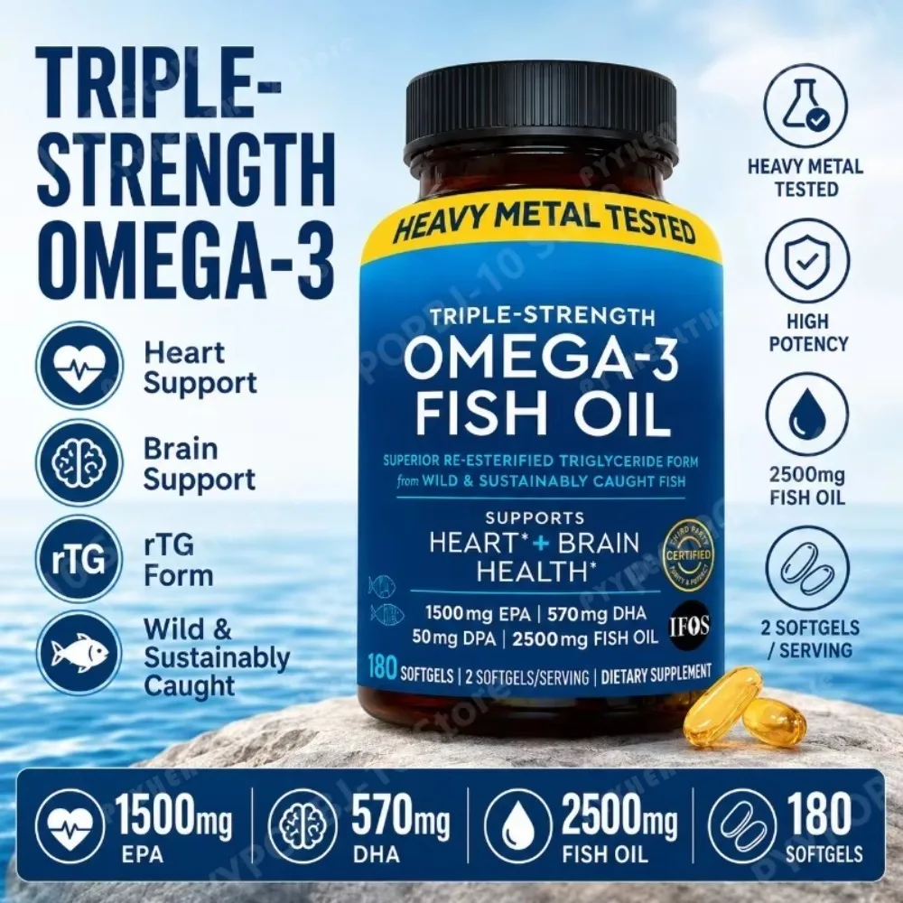 High Potency Omega-3 Fish Oil Softgels 2500mg with EPA 1500mg DHA 570mg rTG Formula for Heart Brain Eye Support 180 Count