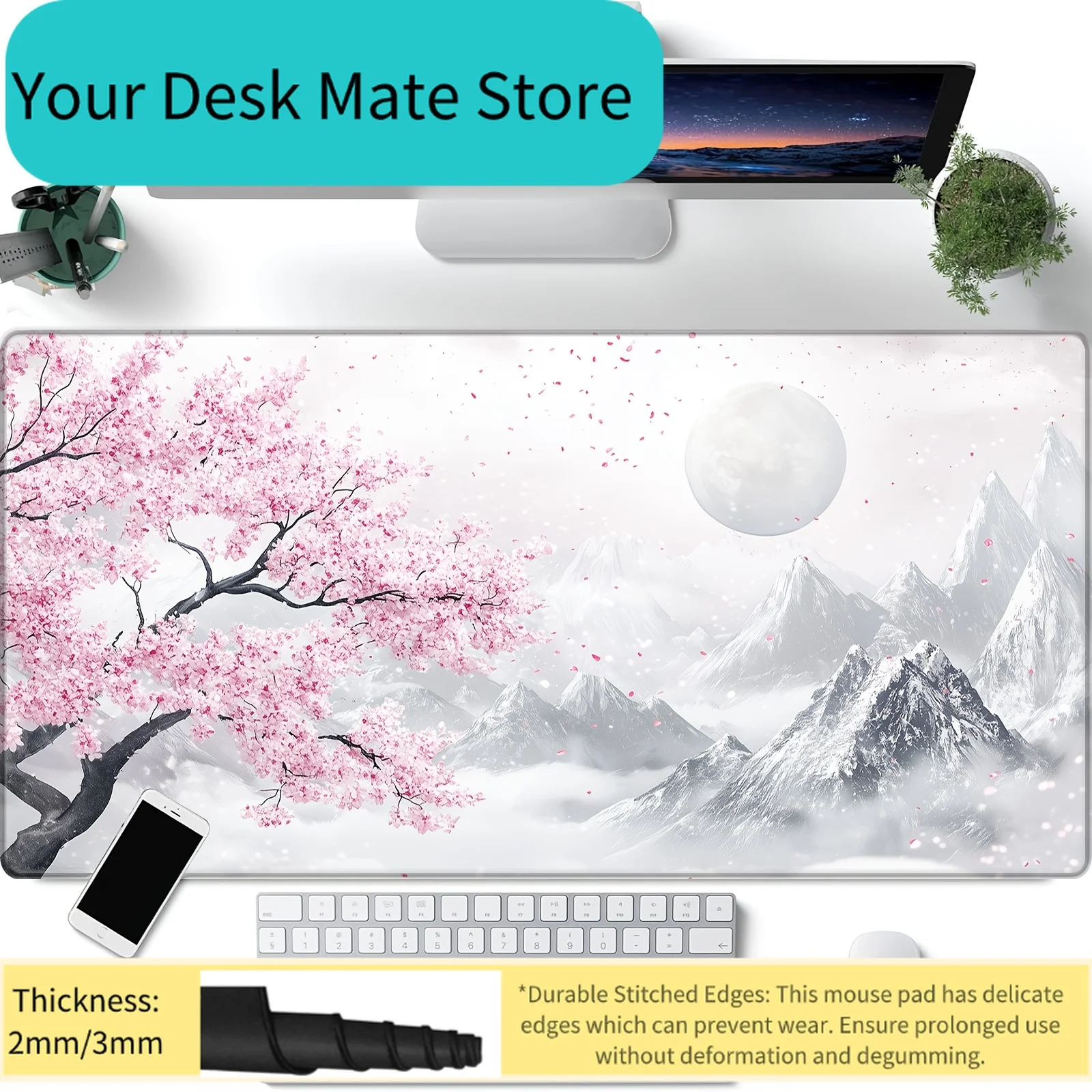 Cherry Blossom Mountain Moon Gaming Mouse Pad Waterproof Non-slip Desk Mat