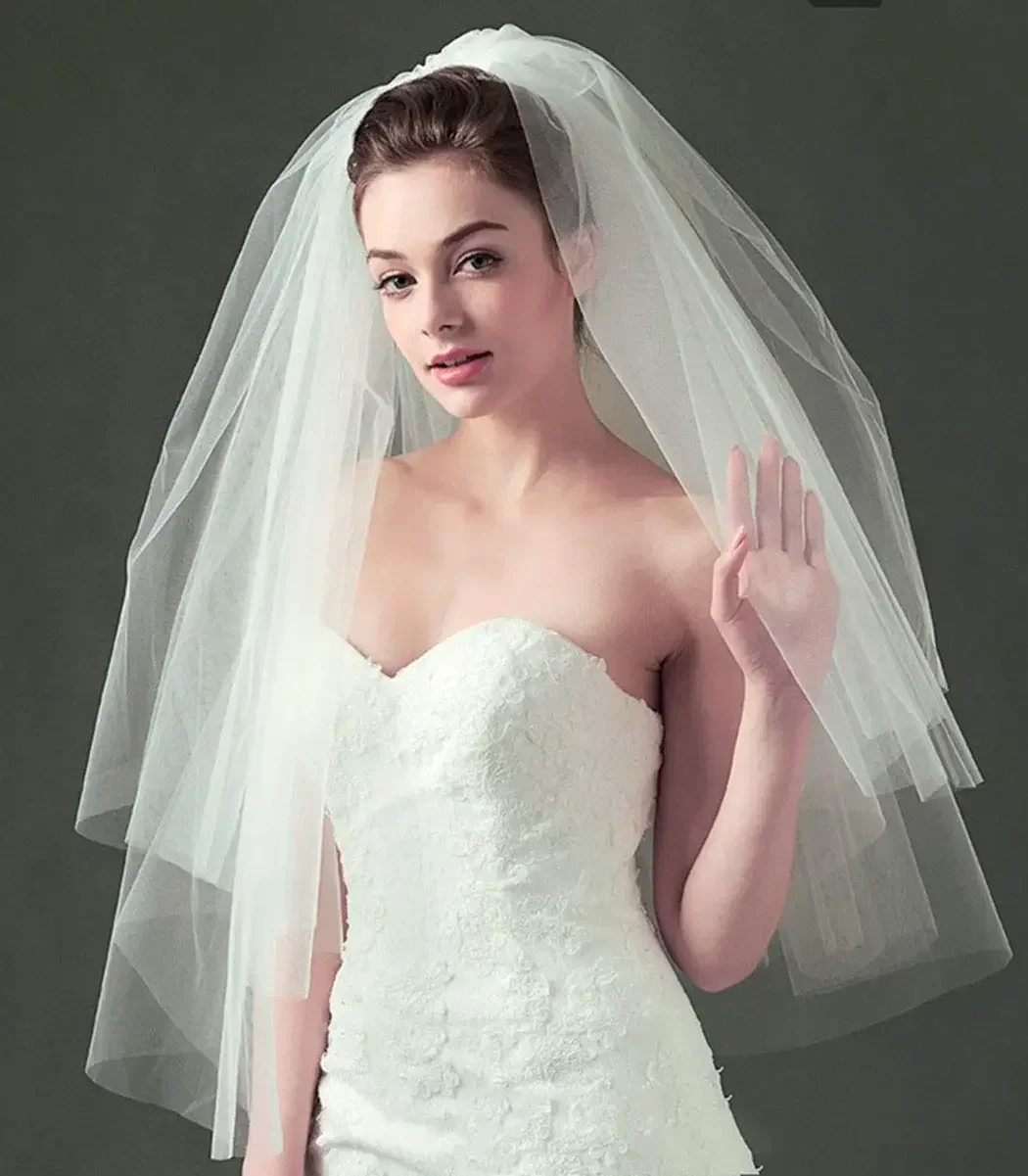 Women's White Lace Short Wedding Bridal Veil With Comb 2 Tier 2024