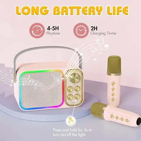 Efeitos de karaokê sistema de alto-falante bluetooth alta fidelidade 1-2 microfones sem fio portátil rgb led luz estéreo surround presente das crianças ﻿