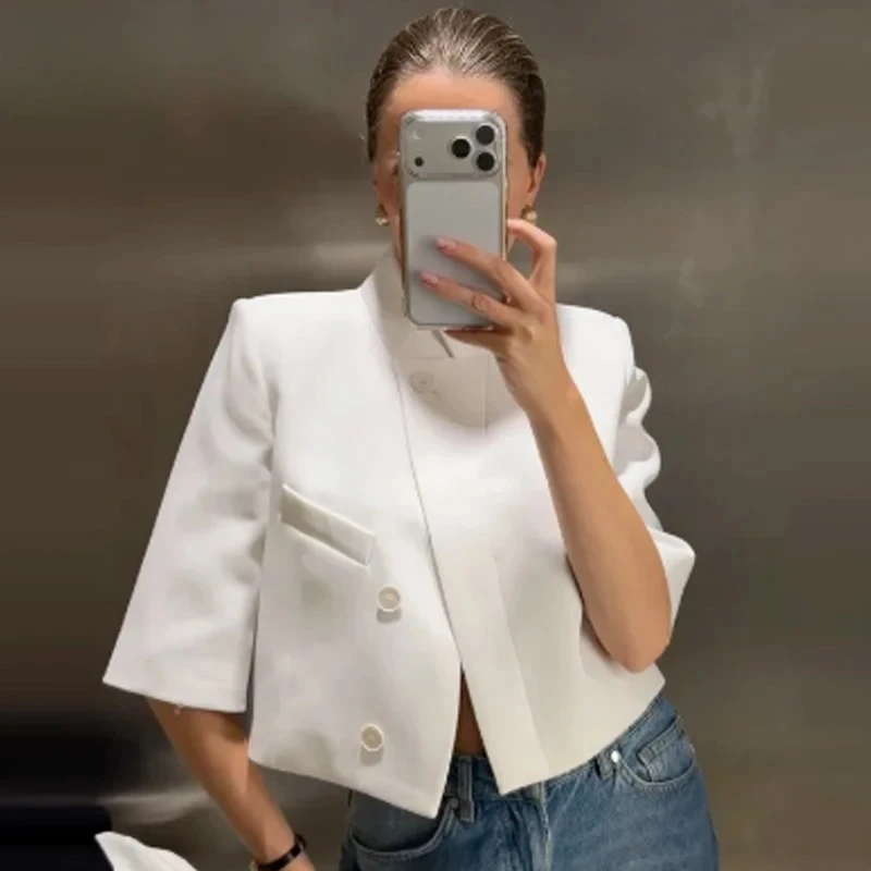 Asymmetric Crop White Blazer Woman Summer 2026 Office Wear Woman Elegant Button Short Sleeve Outerwear Fashion Suit Jacket
