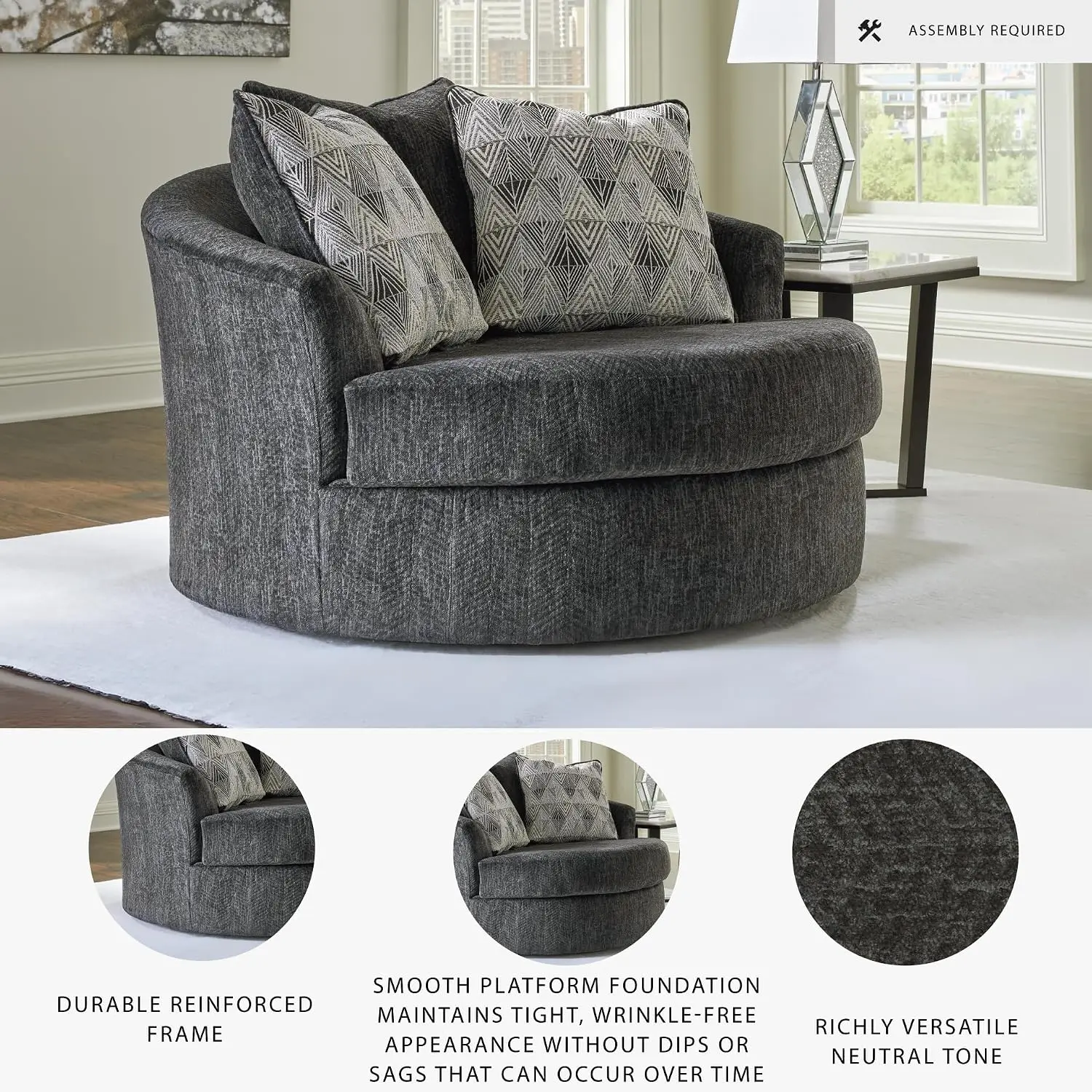 Biddeford Transitional Upholstered Oversized Swivel Accent Chair with 3 Accent Pillows, Charcoal