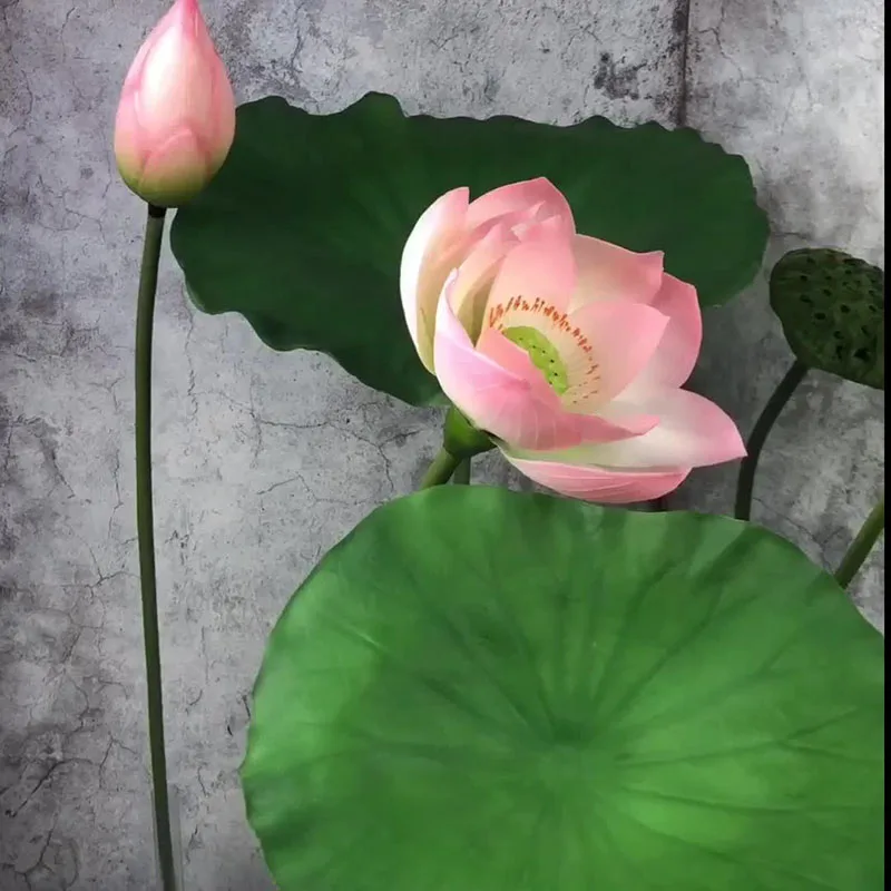 Hoja de loto de PU con poste, flor de loto Artificial, hojas, plantas de estanque, adorno, jarrón de jardín para el hogar, mesa,