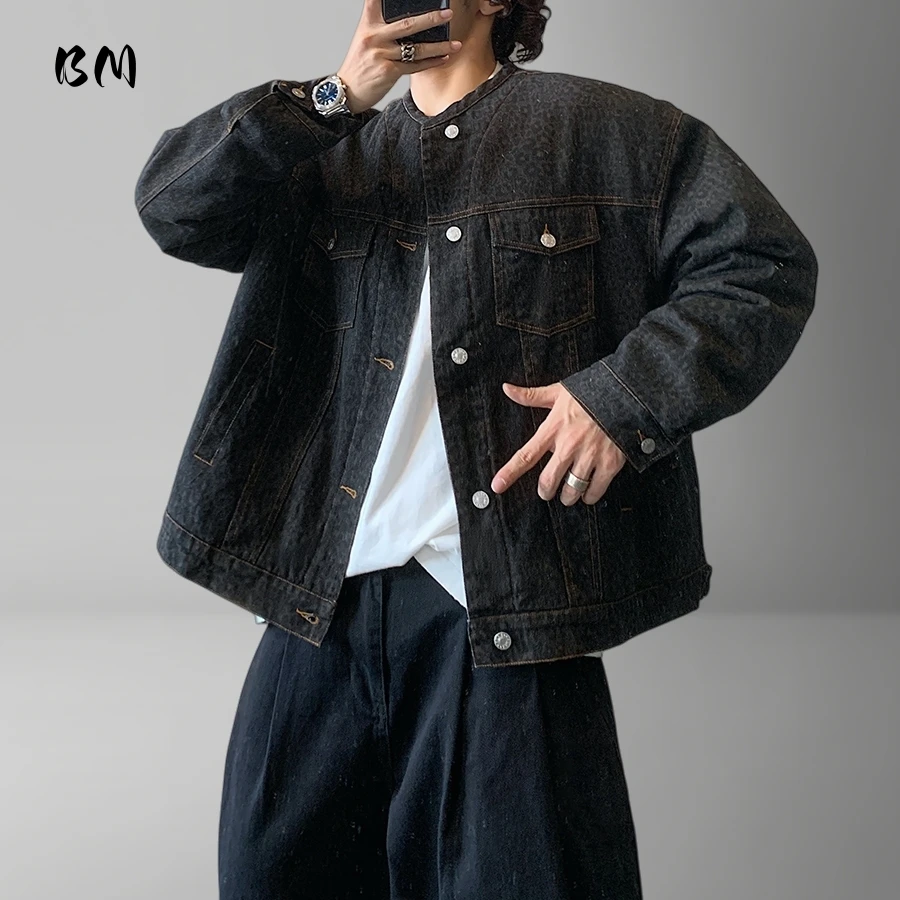 

Mens Korean Vintage Streetwear Denim Padded Jacket Heavyweight Leopard Camo Fall Winter Hip Hop Urban Warm Thick High Quality