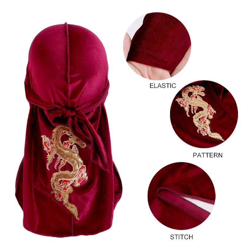 Unisex Men Women China Dragon Velvet Durag Bandana Turban Long Tail Headwrap Headband Pirate Hat Cap Hair Accessories Headwear