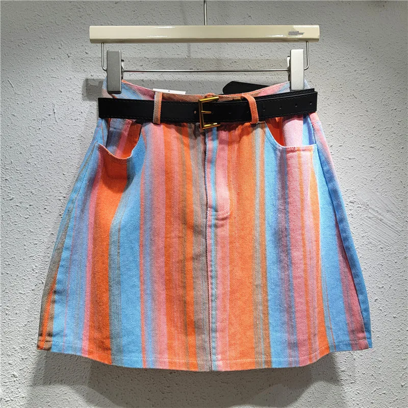 Colorful Striped Rainbow Printing High Waist Denim Skirt female 2024 Summer New A- line Sheath Hot Girl Short Skirt for Women