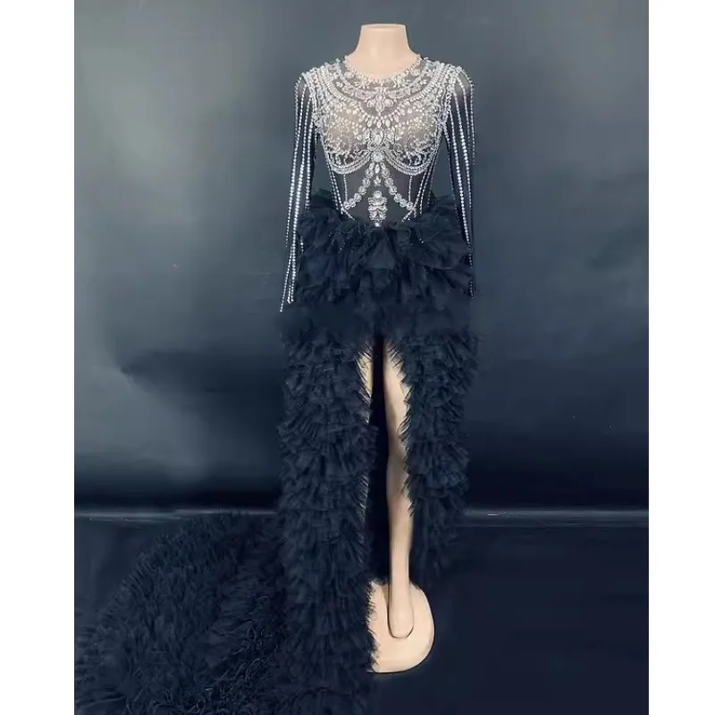 

Amazing Crystal Rhinestone Jumpsuit With Detachable Train Luxury Beaded 2 Pieces Women Maxi Dresses To Party Stage Show Dresses