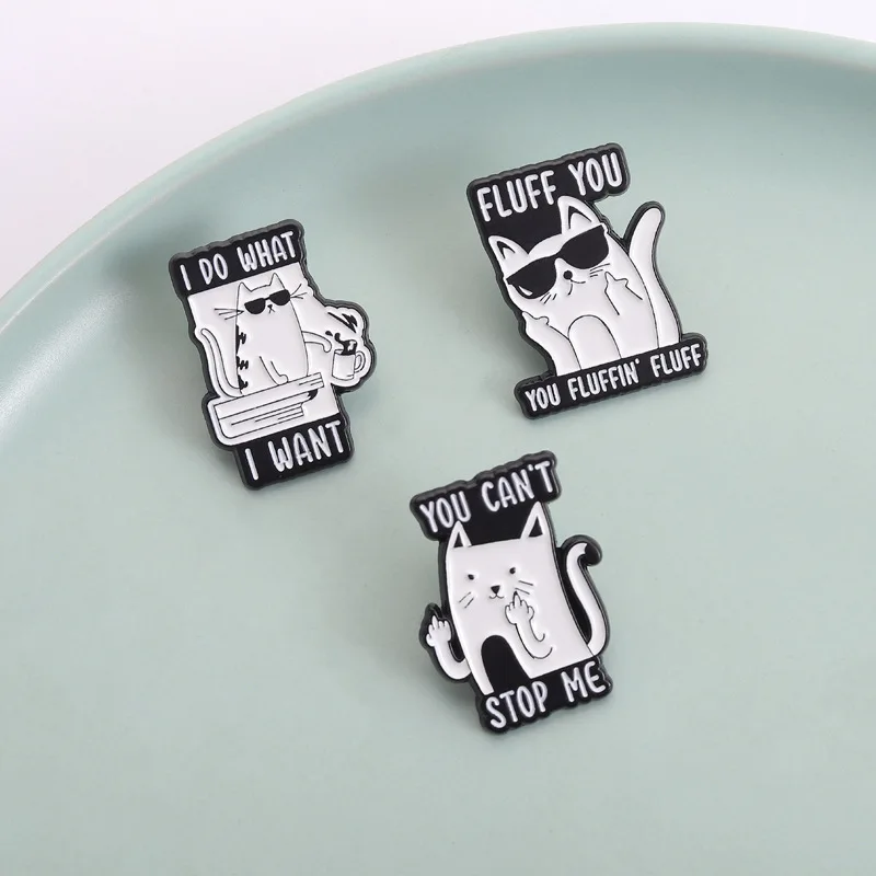 Funny Cat Enamel Brooch Pins Cute Cats Books Tea Fluffy You Badge Lapel Pin Jewelry Backpack Clothing Hat Accessory Props Gift F