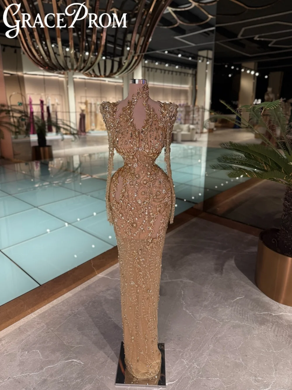 

New Golden Crystal Long Evening Dress Glamorous Long Sleeve Straight Wedding Party Gown Customized Luxury Beaded Banquet Gowns