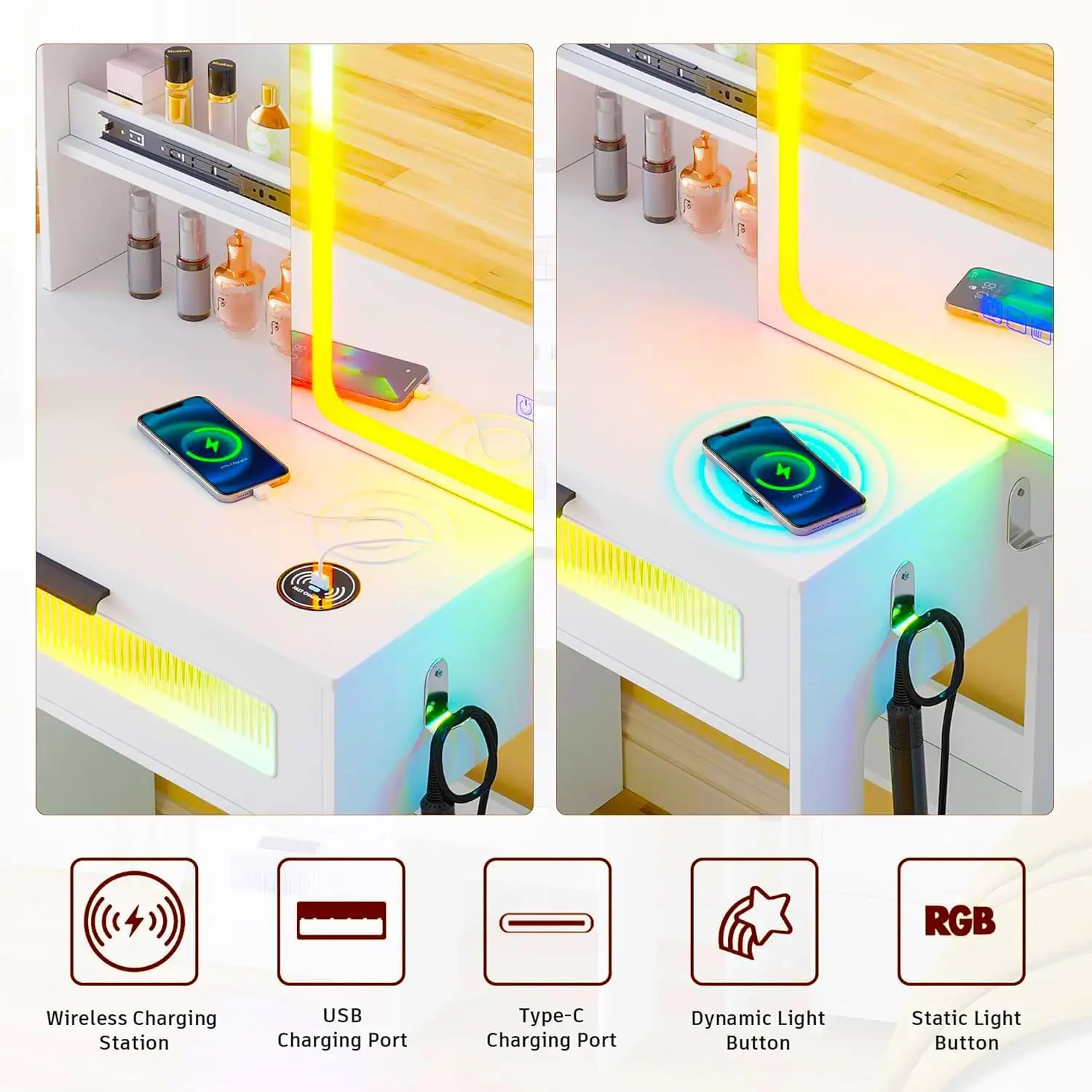 RGB LED Makeup Vanity Desk with Mirror, Charging Station & 5 Drawers, White Vanity Set with Stool