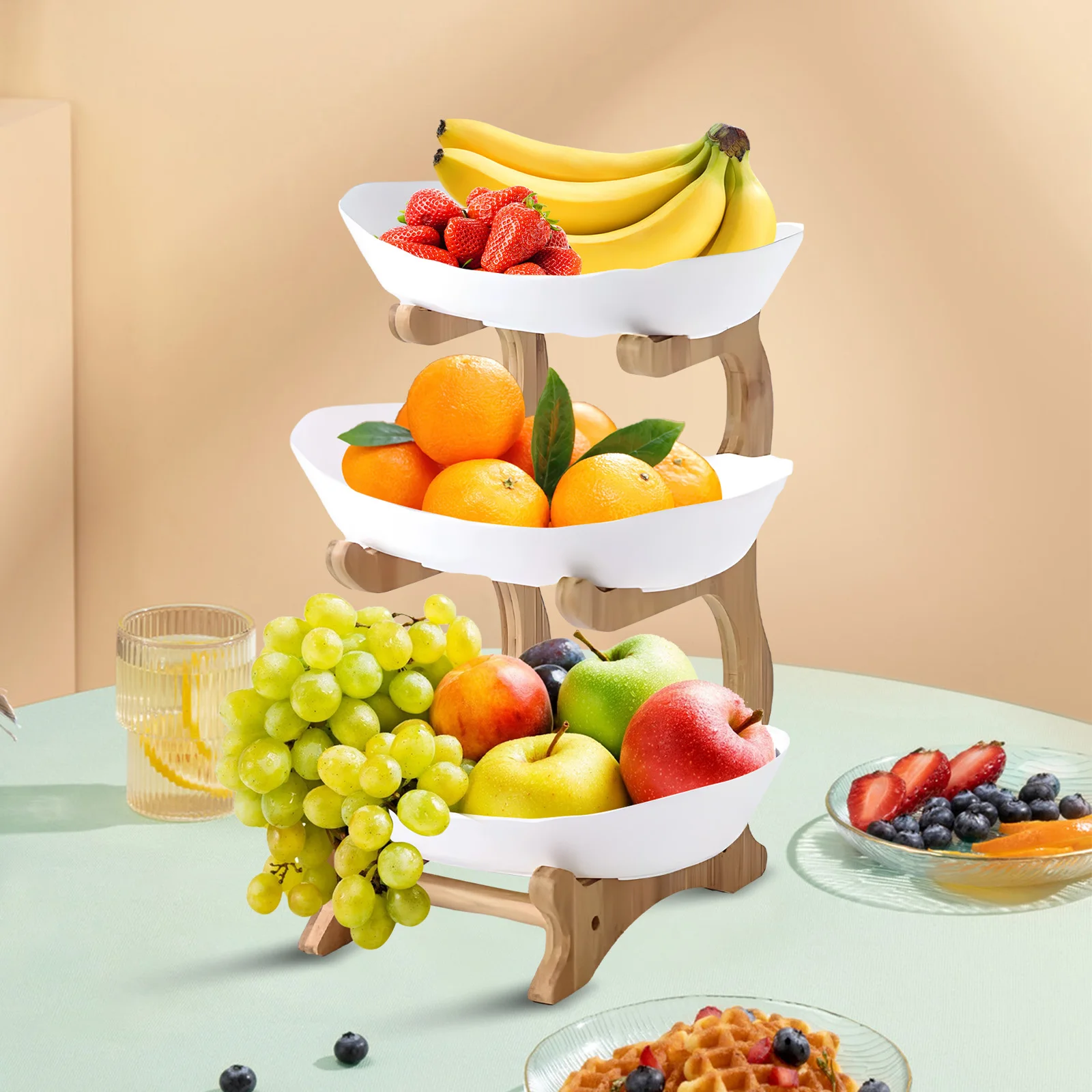 3 Tier Fruit Basket for Kitchen Plastic Fruit Bowl with Bamboo Wood Stand Easy Install 3 Tier Serving Stand Snack Dessert Cake