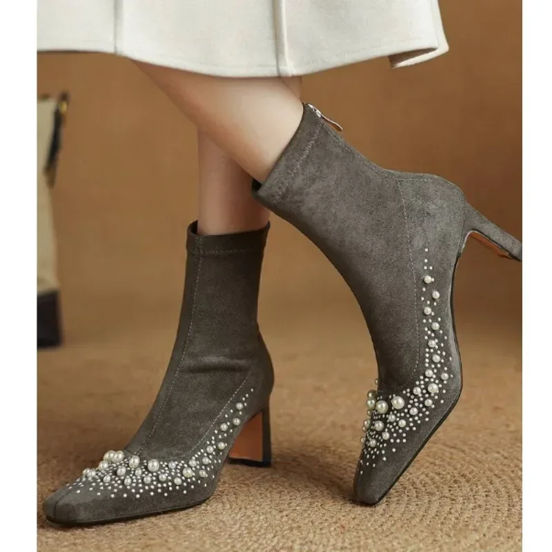 

New Square Genuine Leather High Heel Elastic Slimming Sock Boots Autumn Winter Women Pearl Rivet Fashion Ankle shoe Size 34-42