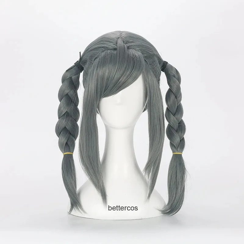 Danganronpa Dangan-ronpa Peko Pekoyama شعر مستعار تأثيري مزدوج مضفر رمادي داكن مقاومة للحرارة شعر مستعار اصطناعي + غطاء شعر مستعار + نظارات #2