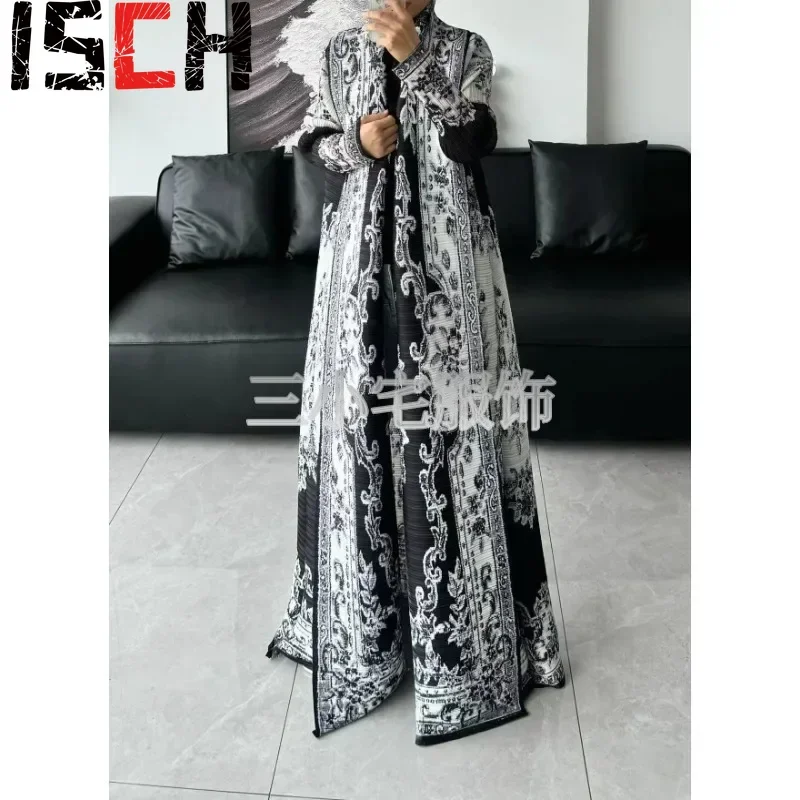 pleats Clashing Printed Long Trench Coat Jacket Fashion Autumn Versatile Loose Muslim Abaya Pleated High Stretch Cardigan Top