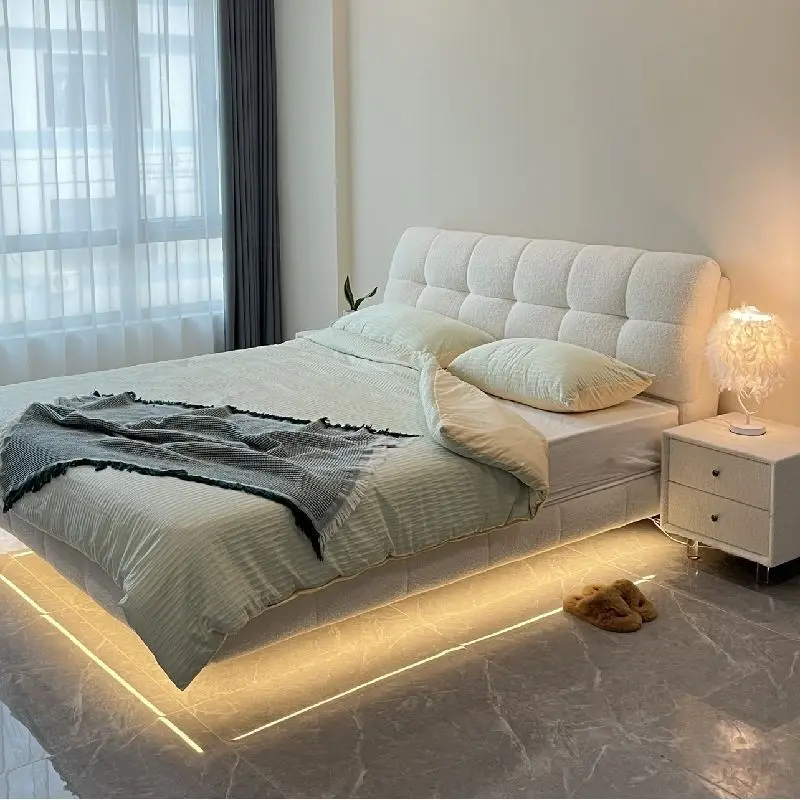 

Cream wind cloud puff bed master bedroom technology fabric bed modern simple double princess bed