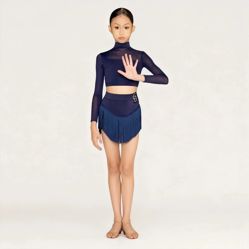 

Костюм для линейного танца, одежда для занятий танцами, детское платье для латиноамериканских танцев, с длинными рукавами, для самбы, с бахромой, комплект с юбкой для девочек