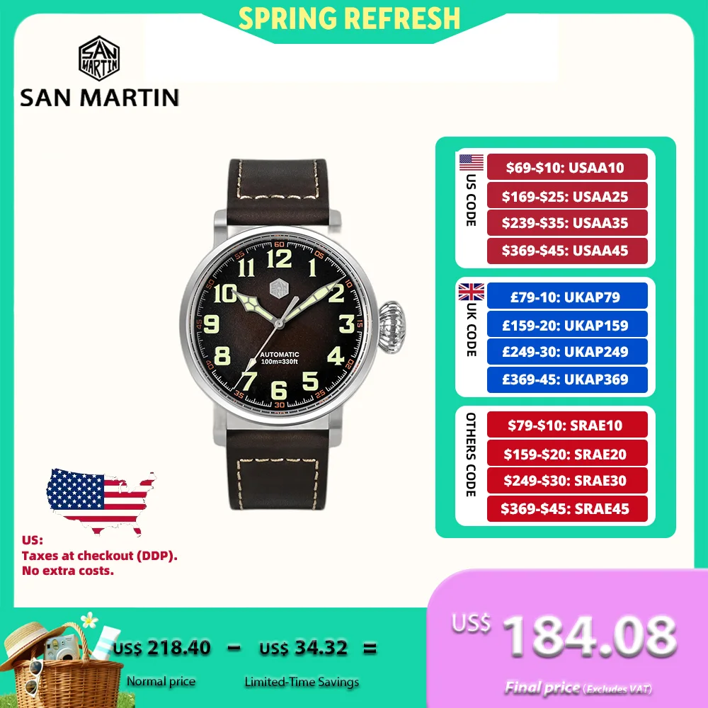 

San Martin 40/45mm Bronze Mechanical Wristwatch Men Automatic Watch Pilot YN55A 10Bar Luminous Sapphire Classic Luxury SN0095