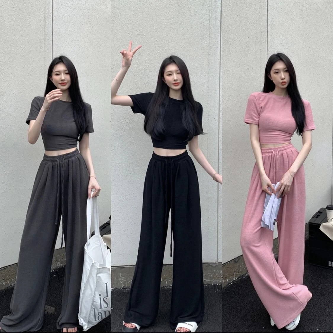 Black Off-Shoulder Loose Short-Sleeve T-Shirt Women's Fashion Set with Wide-Leg Pants round Neck Casual Outfit Spring Season