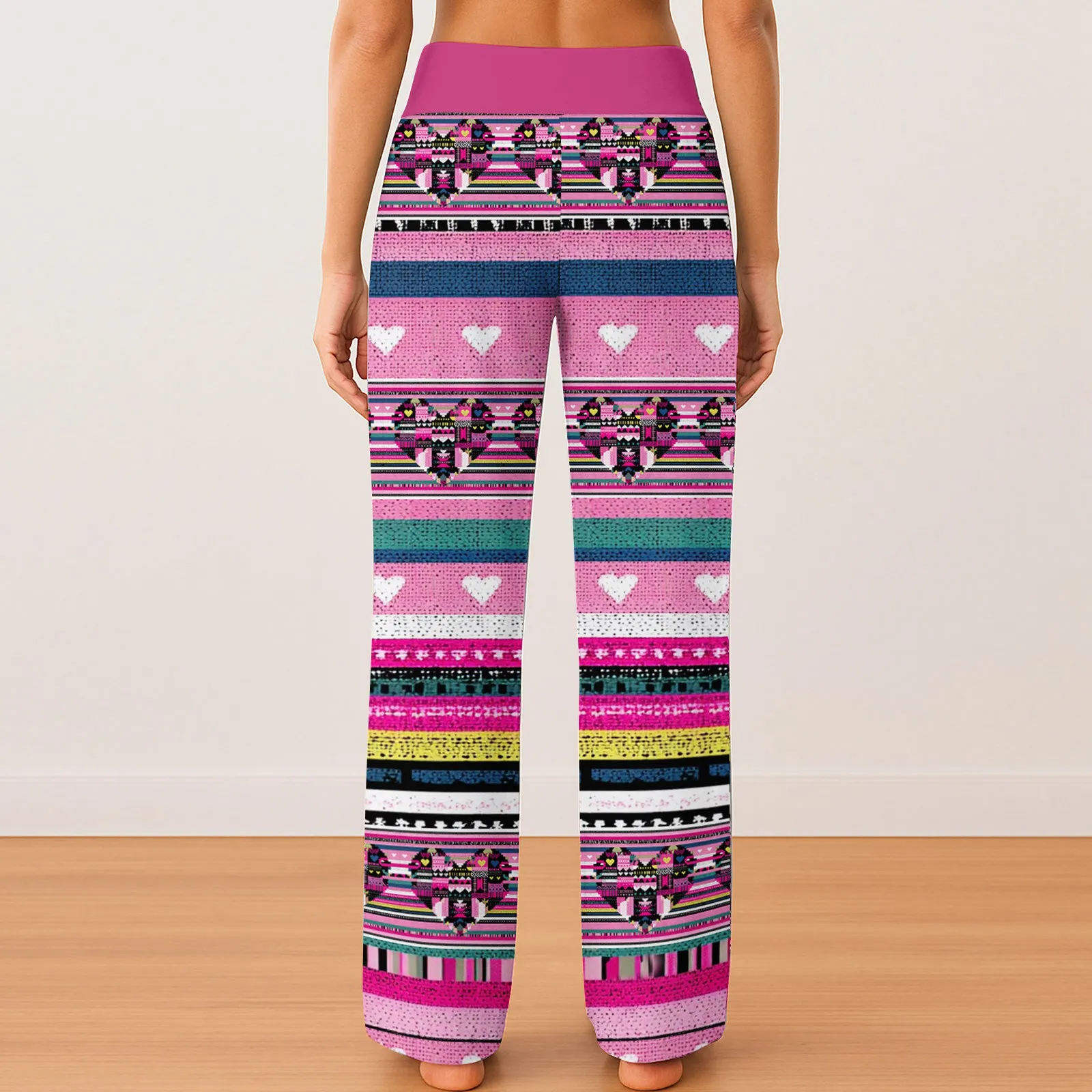 

Women'S Pink Striped Heart-Pattern Wide-Leg Pants Elastic-Waist Casual Trousers Adult Daily Loungewear 2026 Trendy Colorful
