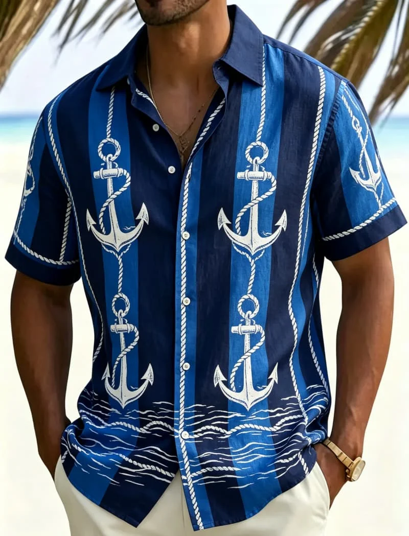 

Men's Ethnic And Tropical Elements Vertical Stripe Printed Short Sleeved shirt, For Outdoors And Summer Leisure Occasions