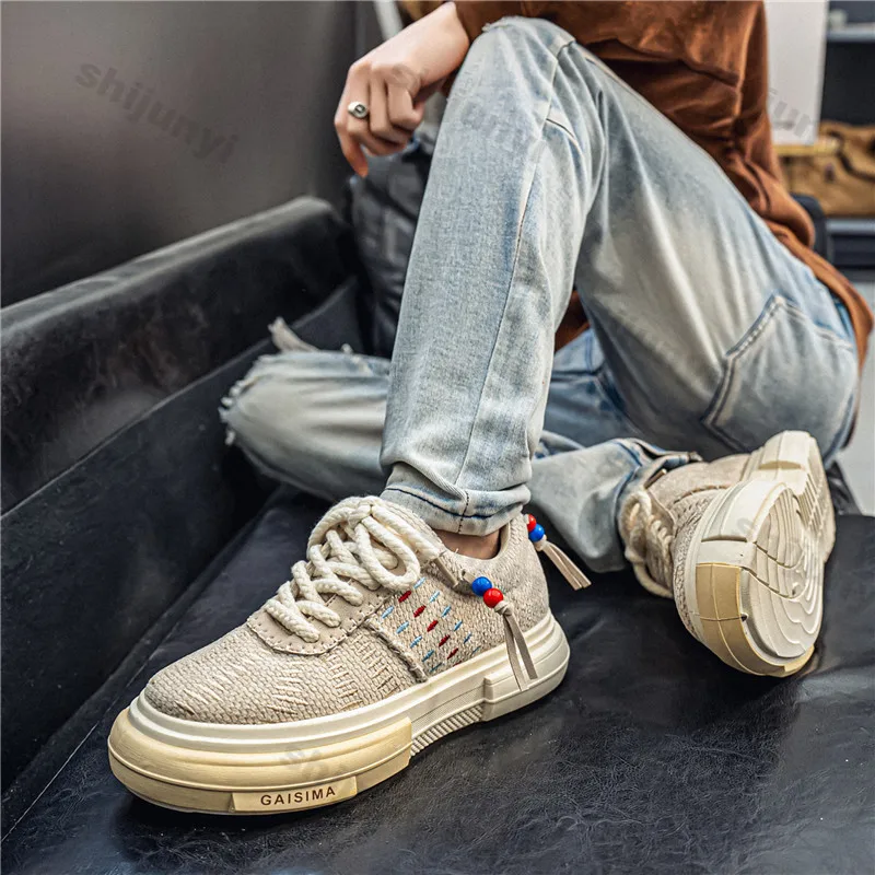 

Men's Canvas Shoes Summer New Breathable Fashion Vintage Non Slip Sports Shoes Comfortable Height Increase Lace Up Casual Flats