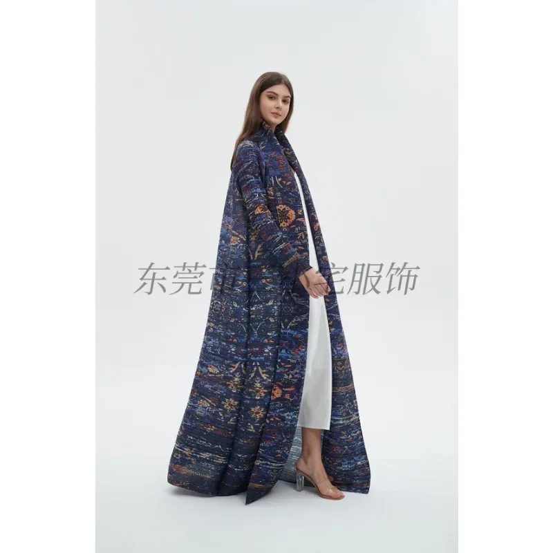 KAF Pleated Large Size Women Trench Coat 2024 Spring and Autumn New Vintage Printed Design Luxury Female Coat Arabian Abaya