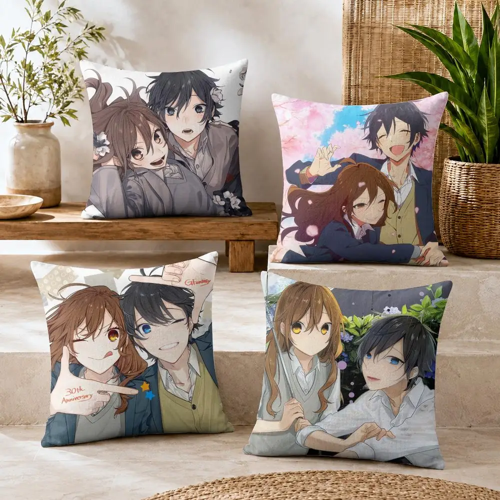 Cartoon H-Horimiya Anime Cushion Cover Natural Linen Organic Fabric Double-Sided Printing Breathable For Decor
