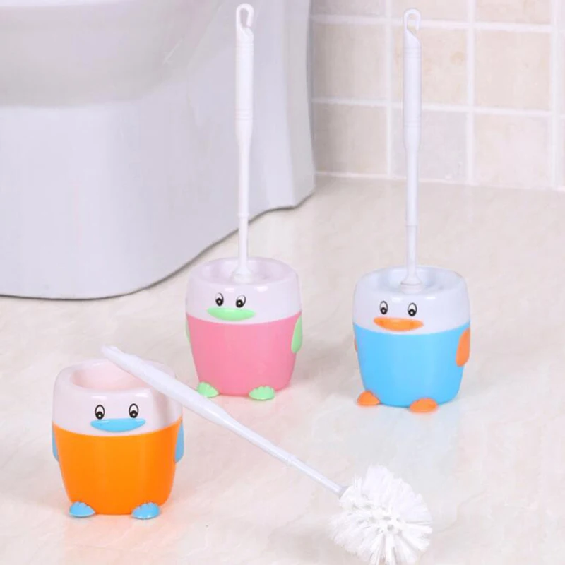 Cute Cartoon Penguin Toilet Brush and Holder Durable Bathroom Toilet Brush Plastic Cleaning Brush for Toilet Bowl, 4 Colors