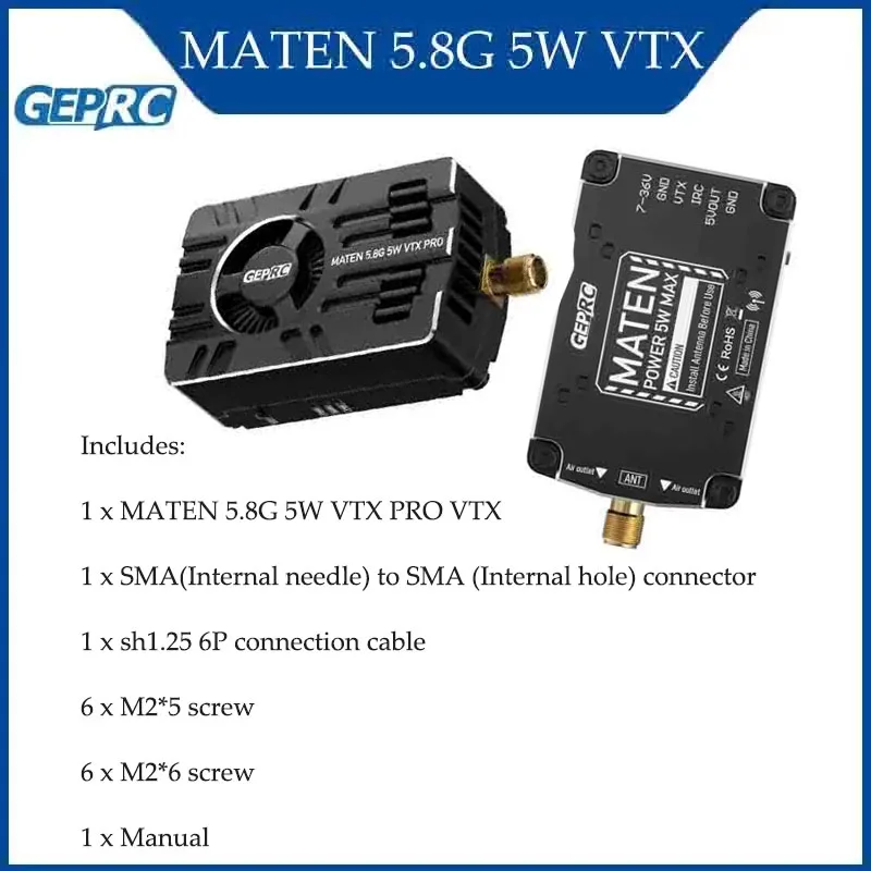 

GEPRC PRO 5000mW Long Range 4.9-5.8GHz 80CH VTX DIY FPV Quadcopter Freestyle RC Parts MATEN 5.8G 5W VTX