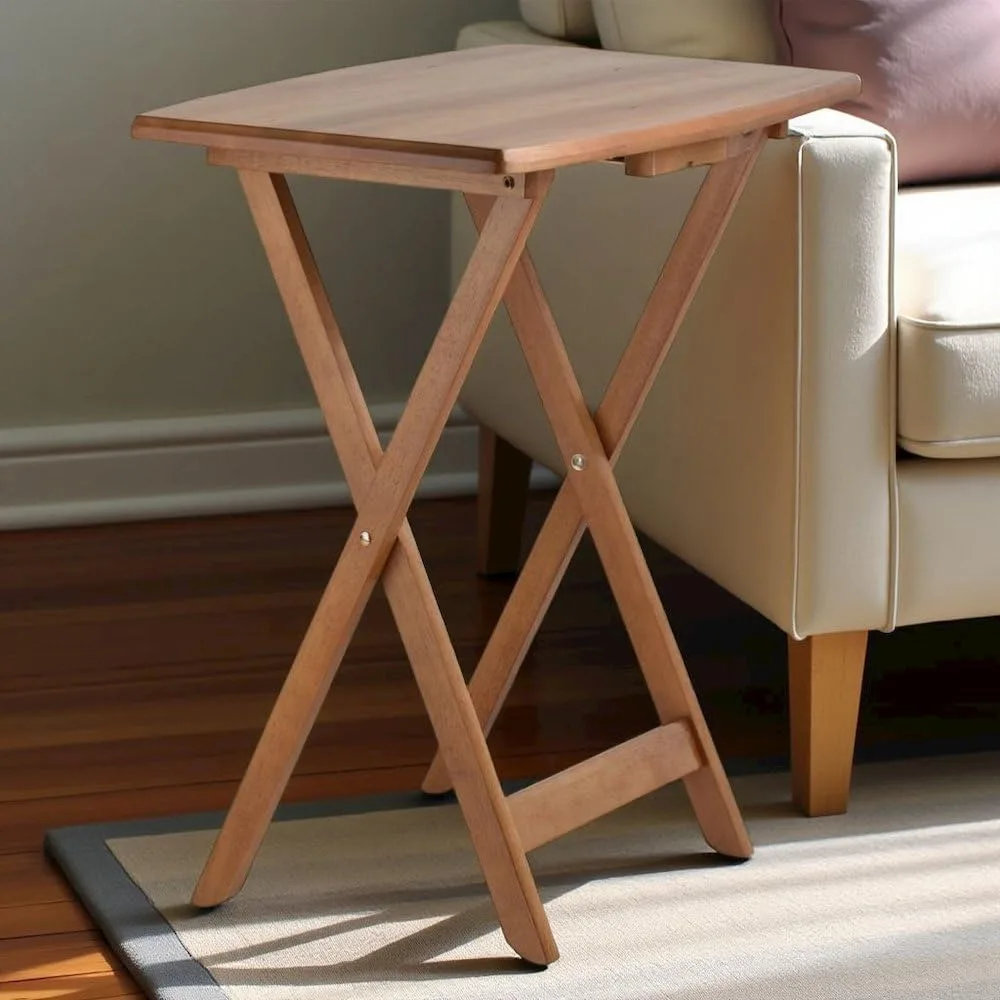 مجموعة طاولات وجبات خفيفة كبيرة من خشب الساج مكونة من 4 قطع مع حامل - طاولات خشبية متينة لتناول الطعام والعمل والترفيه