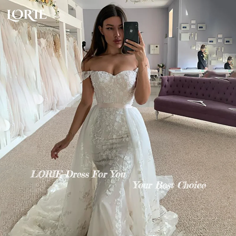 LORIE Vintage 3D Flowers Mermaid Wedding Dresses Shiny Sweetheart Detachable Train Bridal Gown Princess Bride Dress Customized image 2